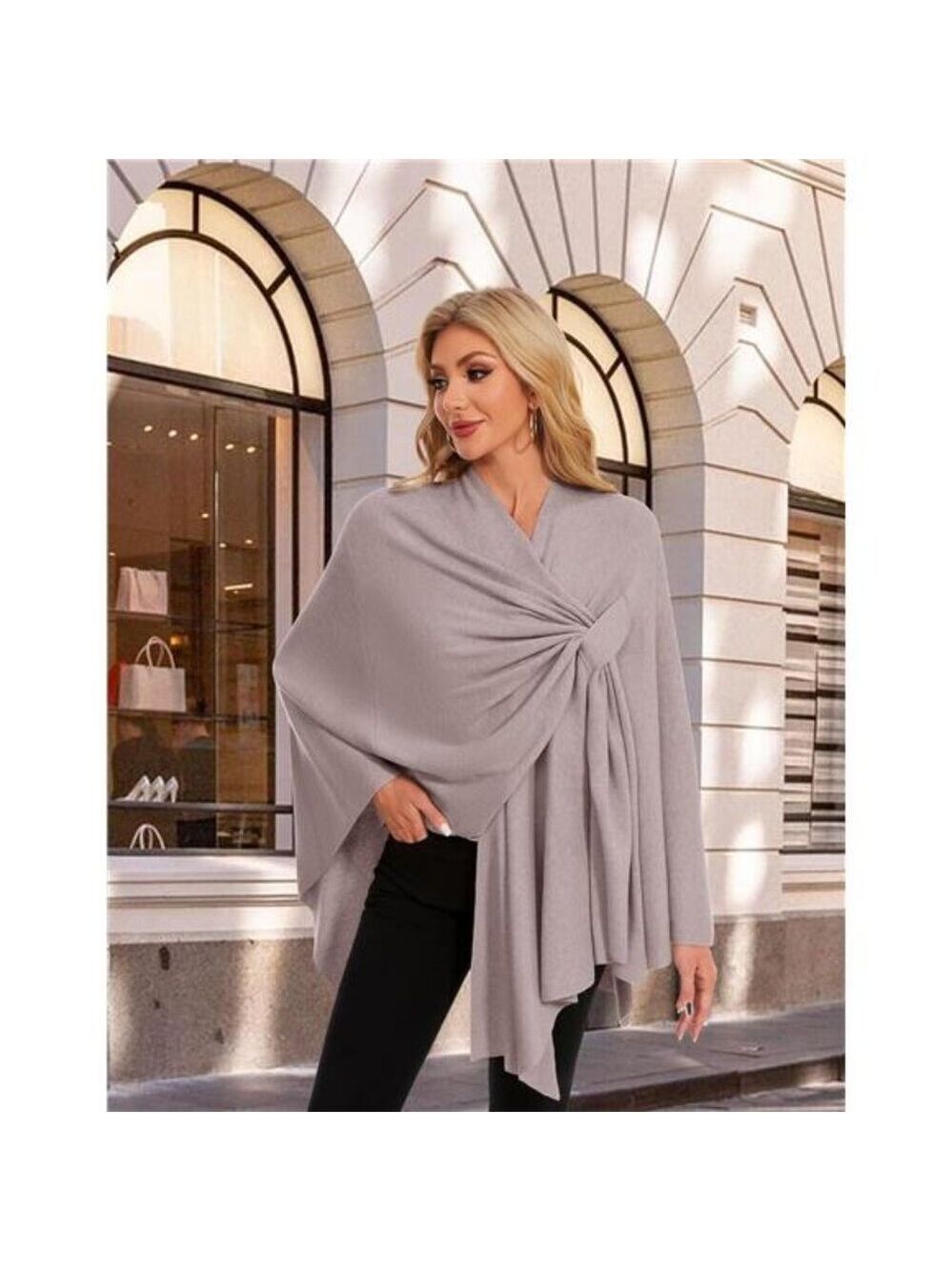 Womens knitted poncho wrap soft warm cross front shawl cape lightweight travel - Picture 3 of 7